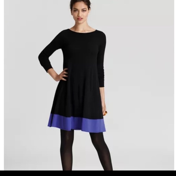 NWT Autumn Cashmere Color Block Flare Boatneck Sweater Dress  BLACK/CERULEAN L - Picture 1 of 6